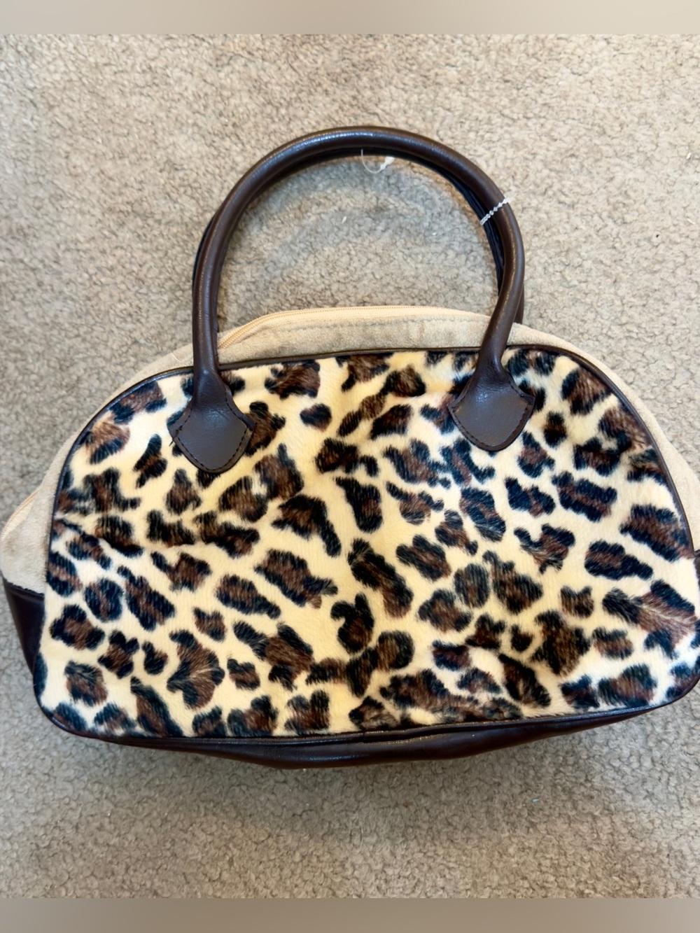 Leopard Print Faux Fur Small Satchel Handbag - Brown & Cream - Picture 2 of 6